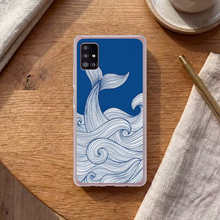 Walvis - Staart - Golven - Lijntekening - Blauw Telefoonhoesje Samsung Galaxy A51 5G klein -sfeer1