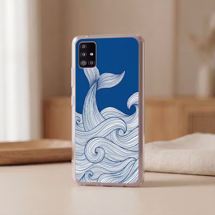 Walvis - Staart - Golven - Lijntekening - Blauw Telefoonhoesje Samsung Galaxy A51 5G klein -sfeer2