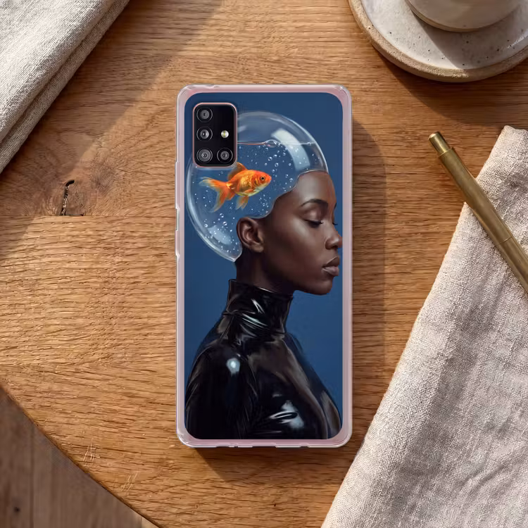Vrouw - Goudvis - Hoofd - Abstract - Blauw Telefoonhoesje Samsung Galaxy A51 5G klein -sfeer1