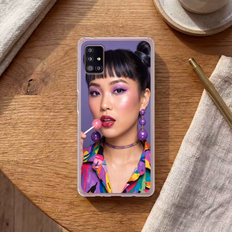 Vrouw - Portret - Make-up - Paars - Levendig Telefoonhoesje Samsung Galaxy A51 5G klein -sfeer1