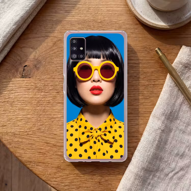 Vrouw - Zonnebril - Pop Art - Portret - Geel Telefoonhoesje Samsung Galaxy A51 5G klein -sfeer1