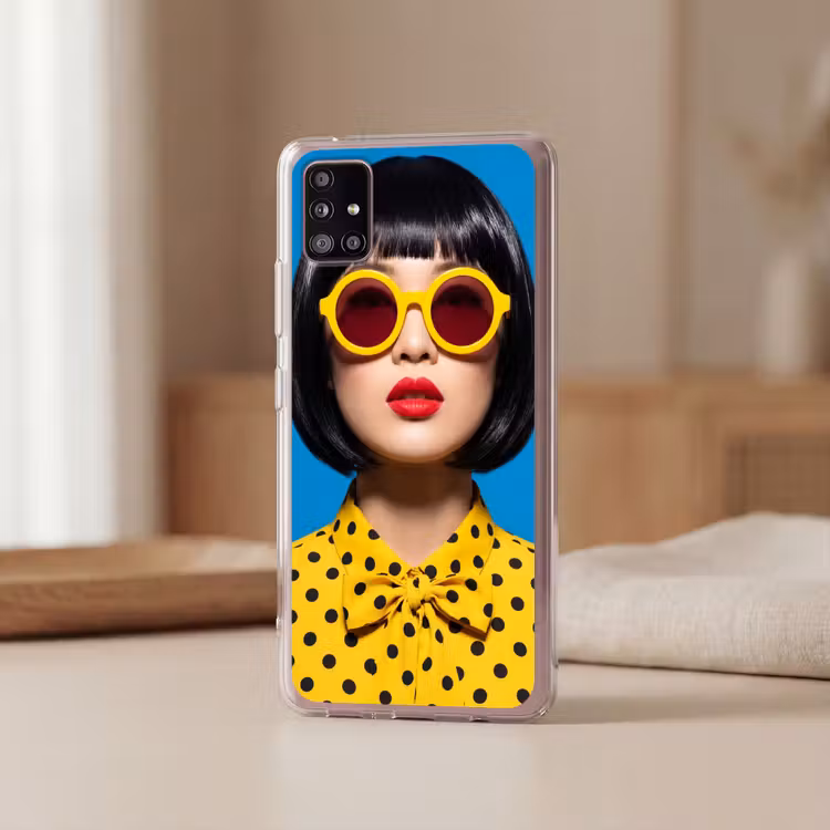 Vrouw - Zonnebril - Pop Art - Portret - Geel Telefoonhoesje Samsung Galaxy A51 5G klein -sfeer2