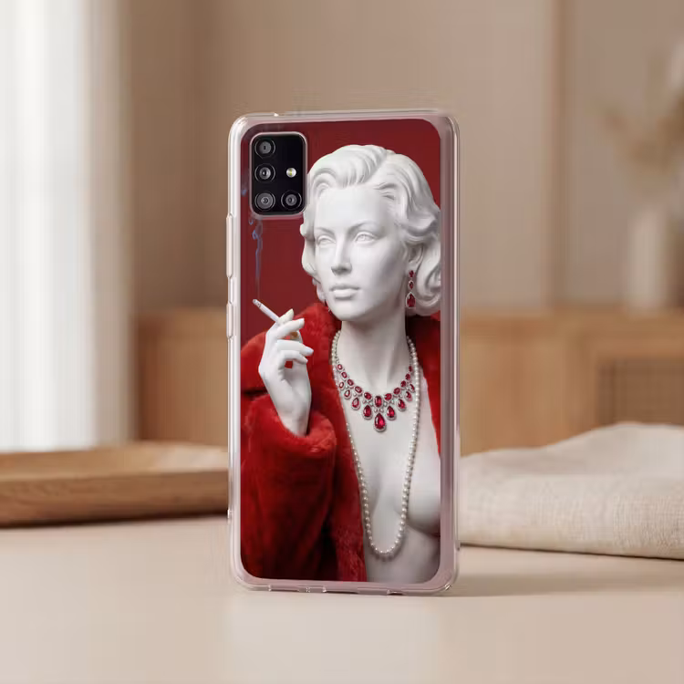 Vrouw - Bontjas - Mode - Klassiek - Rood Telefoonhoesje Samsung Galaxy A51 5G klein -sfeer2