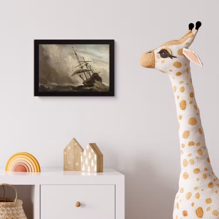 Een schip in volle zee bij vliegende storm - Schilderij van Willem van de Velde fotolijst zwart zonder passe partout klein -usfeer4_kinderkamer