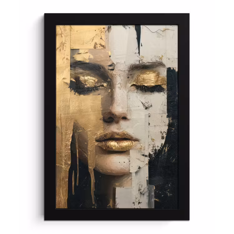 Abstract - Goud - Gezicht - Lippen fotolijst zwart zonder passe partout klein -3d