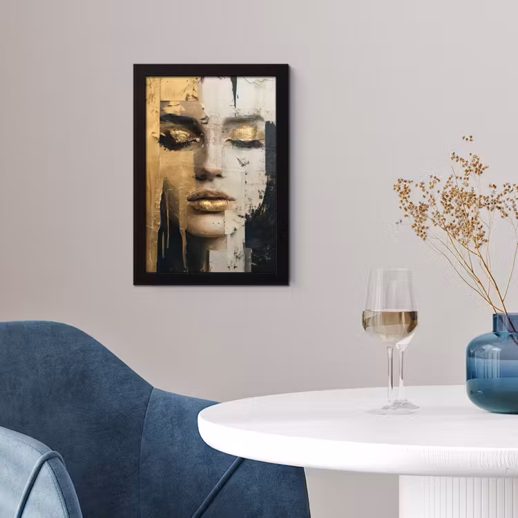 Abstract - Goud - Gezicht - Lippen fotolijst zwart zonder passe partout klein -sfeer4