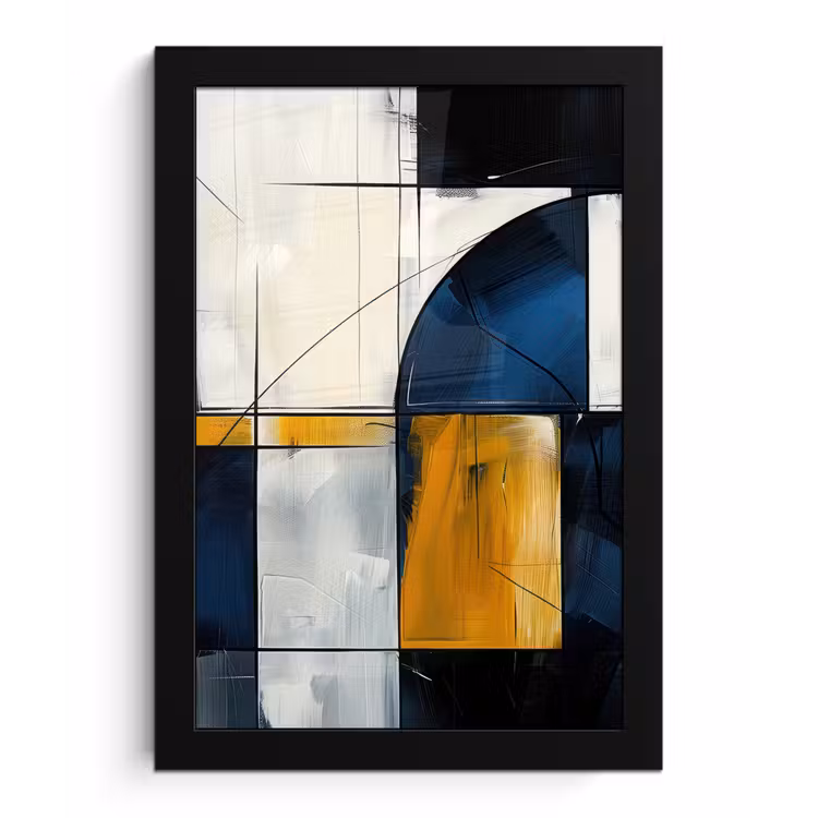 Abstract - Vormen - Goud - Blauw - Geometrisch fotolijst zwart zonder passe partout klein -3d