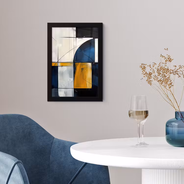 Abstract - Vormen - Goud - Blauw - Geometrisch fotolijst zwart zonder passe partout klein -sfeer4