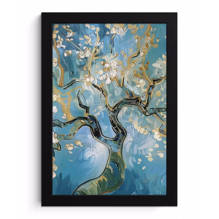 Amandelbloesem boom - Blauw - Abstract fotolijst zwart zonder passe partout klein -3d
