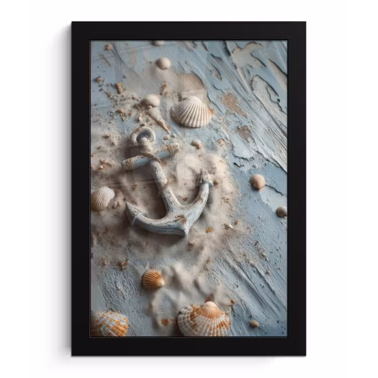 Anker - Hout - Schelpen - Zand fotolijst zwart zonder passe partout klein -3d