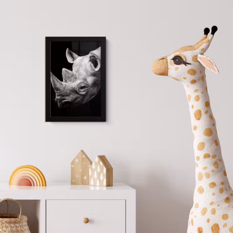 Dieren - Neushoorn - Zwart - Wit - Portret fotolijst zwart zonder passe partout klein -usfeer4_kinderkamer