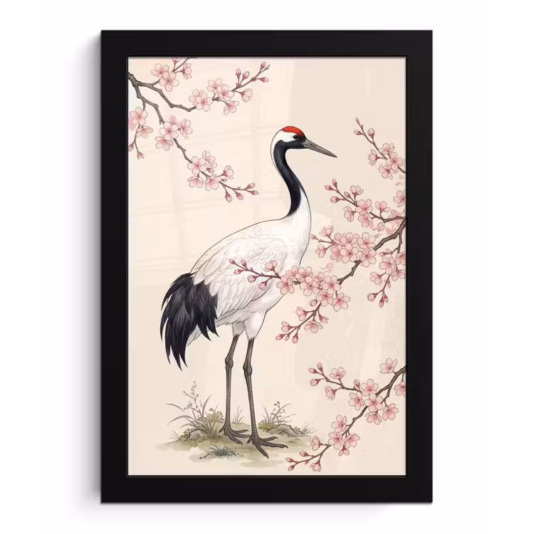 Aziatisch - Kraanvogel - Beige fotolijst zwart zonder passe partout klein -3d