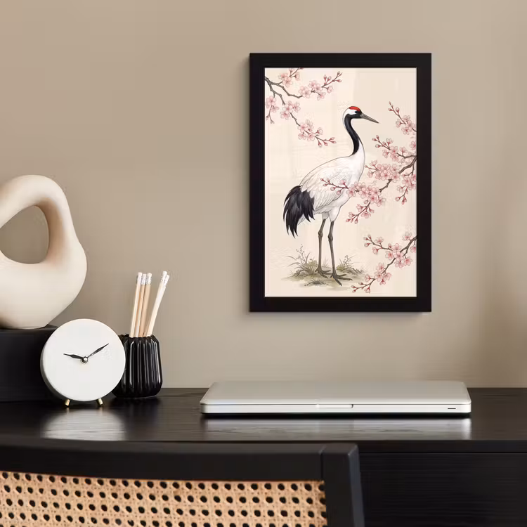 Aziatisch - Kraanvogel - Beige fotolijst zwart zonder passe partout klein -sfeer1