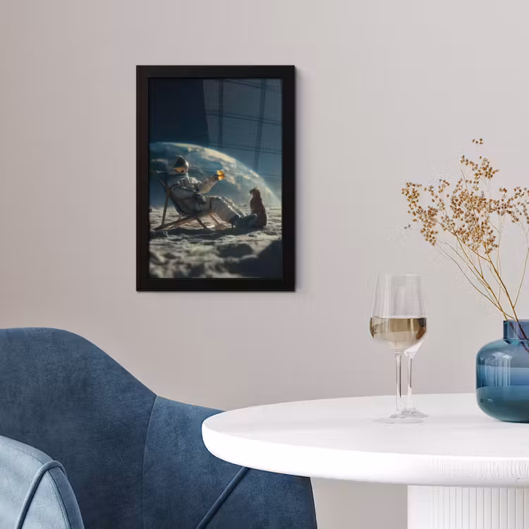 Astronaut - Kat - Glas - Stoel fotolijst zwart zonder passe partout klein -sfeer4