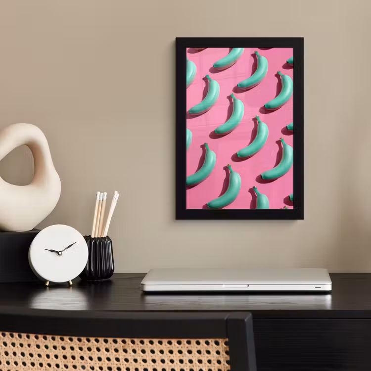 Bananen - Patroon - Blauw - Roze fotolijst zwart zonder passe partout klein -sfeer1