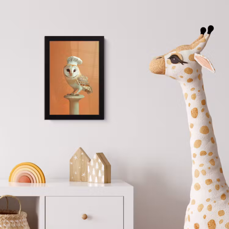 Kerkuil - Koksmuts - Oranje - Vogel fotolijst zwart zonder passe partout klein -usfeer4_kinderkamer