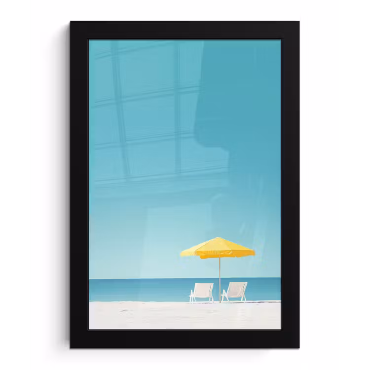 Strand - Blauwe lucht - Geel - Parasol fotolijst zwart zonder passe partout klein -3d