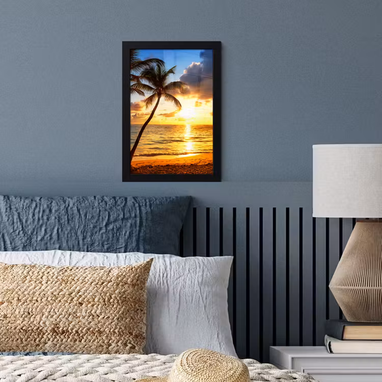 Strand - Horizon - Zonsondergang - Palmboom - Zee fotolijst zwart zonder passe partout klein -sfeer3
