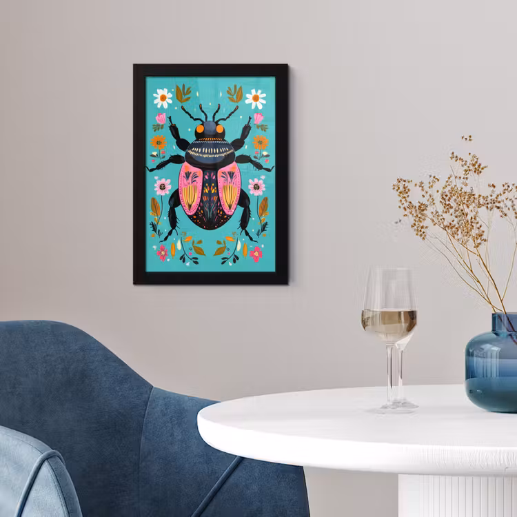 Kever - Bloemmotieven - Turquoise - Bladeren fotolijst zwart zonder passe partout klein -sfeer4