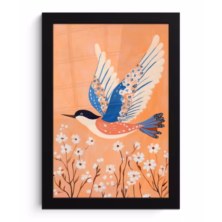 Vogel - Bloesemtakken - Warm - Kleurrijk fotolijst zwart zonder passe partout klein -3d