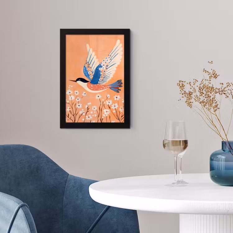 Vogel - Bloesemtakken - Warm - Kleurrijk fotolijst zwart zonder passe partout klein -sfeer4