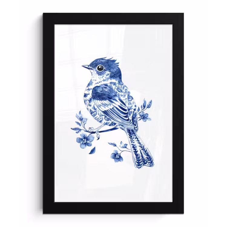 Vogel - Delfts blauw - Illustratie - Bloemen fotolijst zwart zonder passe partout klein -3d