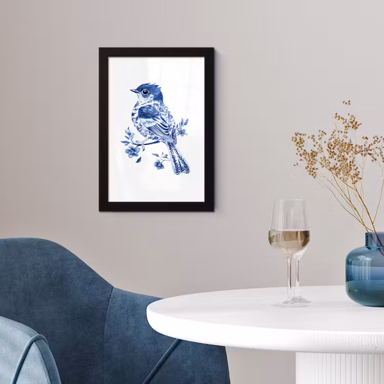 Vogel - Delfts blauw - Illustratie - Bloemen fotolijst zwart zonder passe partout klein -sfeer4