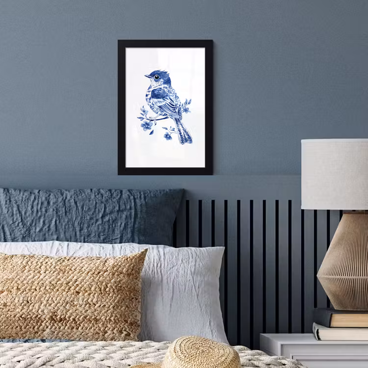 Vogel - Delfts blauw - Illustratie - Bloemen fotolijst zwart zonder passe partout klein -sfeer3