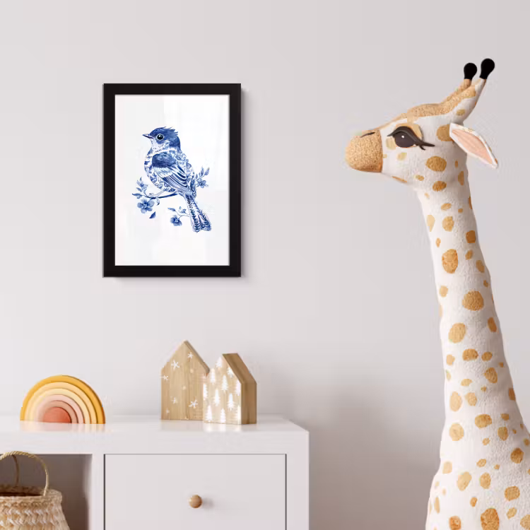 Vogel - Delfts blauw - Illustratie - Bloemen fotolijst zwart zonder passe partout klein -usfeer4_kinderkamer