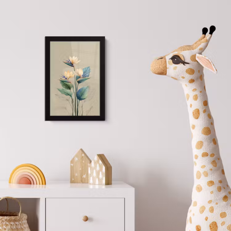 Paradijsvogelbloemen - Blauwgroene bladeren - Beige fotolijst zwart zonder passe partout klein -usfeer4_kinderkamer