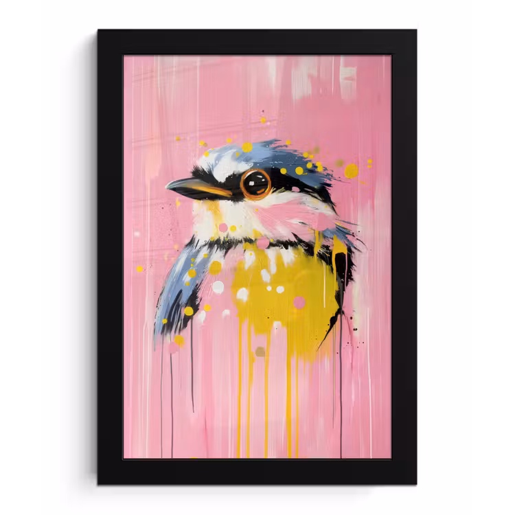 Vogel - Roze - Geel - Blauw fotolijst zwart zonder passe partout klein -3d
