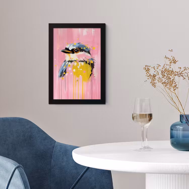 Vogel - Roze - Geel - Blauw fotolijst zwart zonder passe partout klein -sfeer4