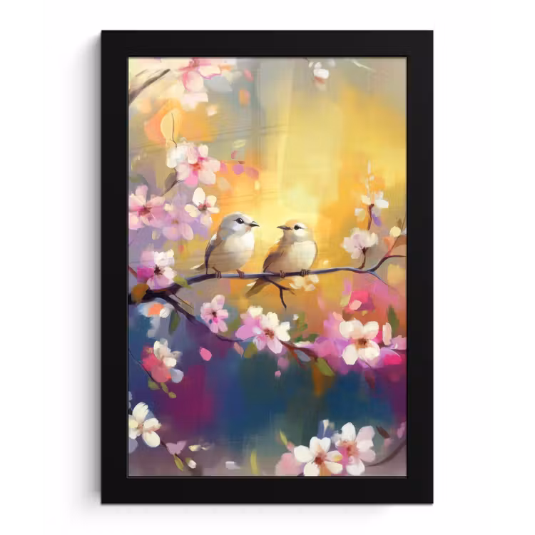 Vogels - Bloemen - Roze fotolijst zwart zonder passe partout klein -3d