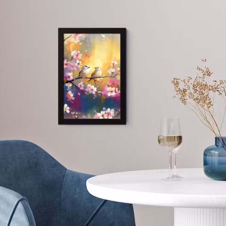 Vogels - Bloemen - Roze fotolijst zwart zonder passe partout klein -sfeer4