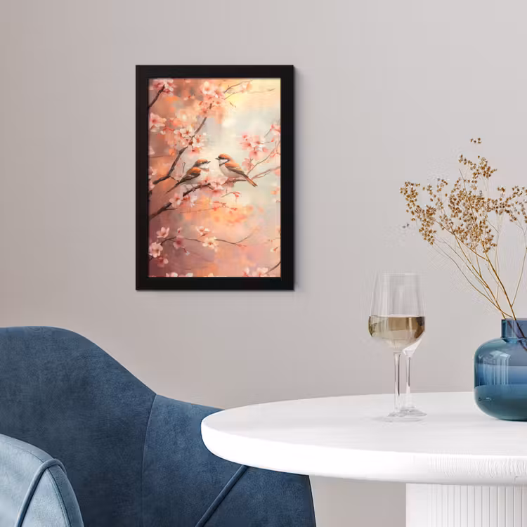 Vogels - Romantic - Bloesemtak fotolijst zwart zonder passe partout klein -sfeer4
