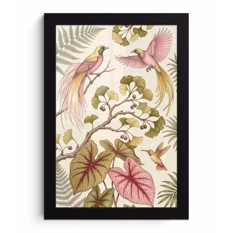 Vogels - Tropisch - Botanisch - Roze fotolijst zwart zonder passe partout klein -3d