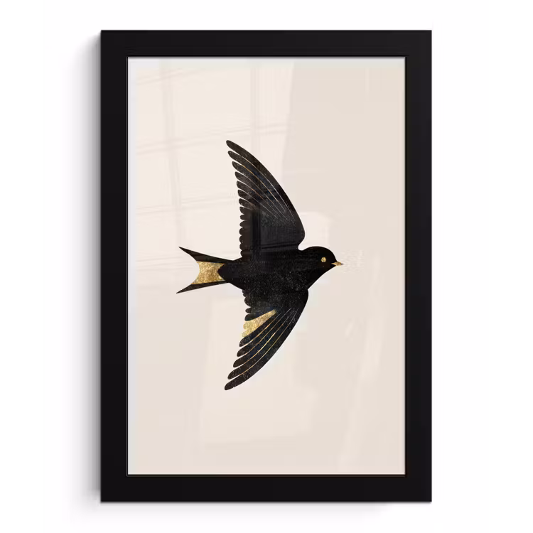 Zwarte zwaluw - Gouden accenten - Lichte achtergrond fotolijst zwart zonder passe partout klein -3d