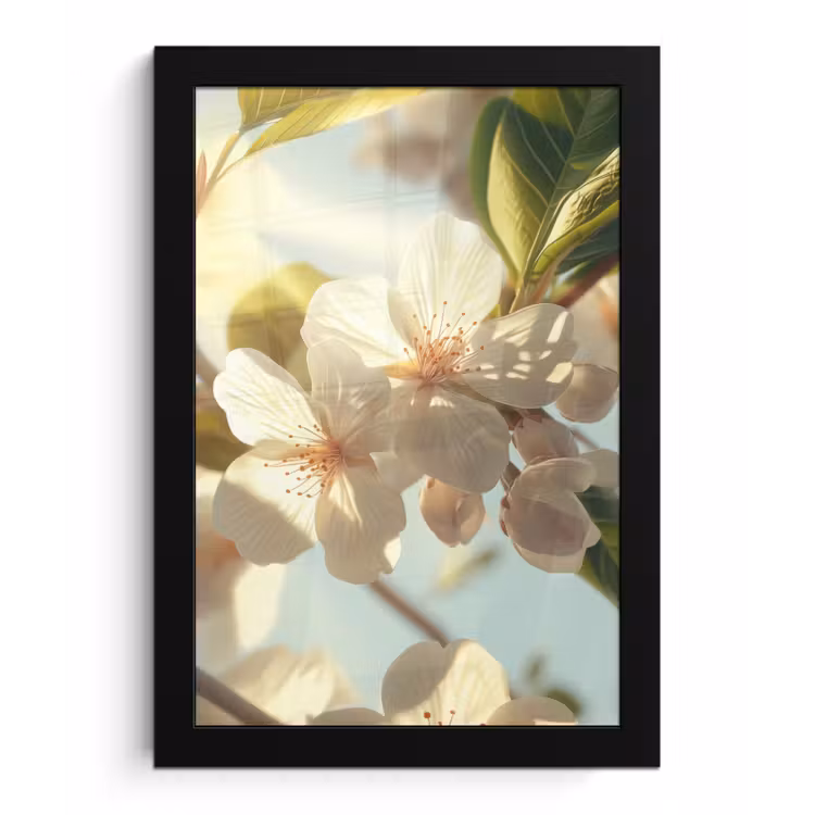 Bloesems - Wit - Zonnestralen - Bloemblaadjes fotolijst zwart zonder passe partout klein -3d