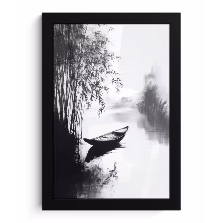Boot - Rivier - Bamboe - Wit fotolijst zwart zonder passe partout klein -3d