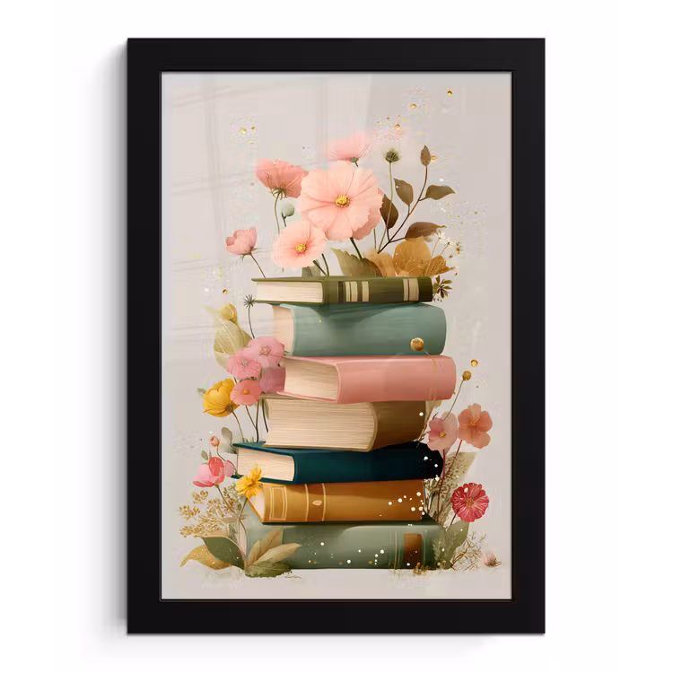 Boeken - Stapel - Bloemen - Kleurrijk fotolijst zwart zonder passe partout klein -3d