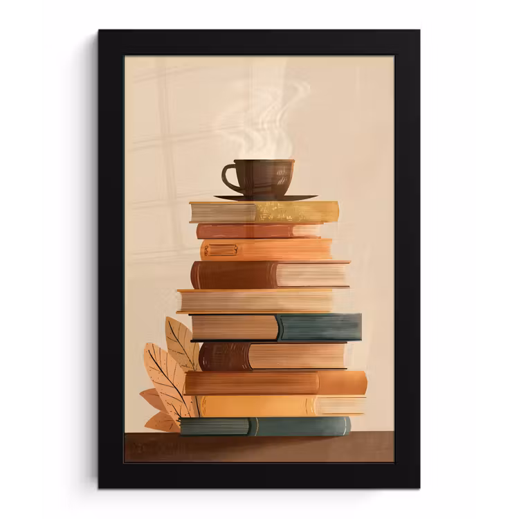 Boeken - Toren - Koffie - Beige fotolijst zwart zonder passe partout klein -3d