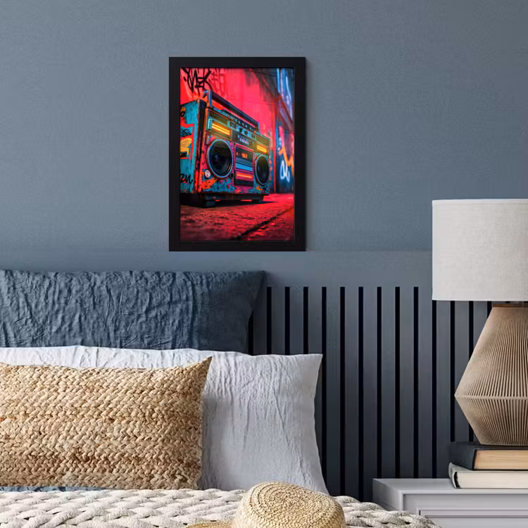 Boombox - Rood - Graffiti - Neon fotolijst zwart zonder passe partout klein -sfeer3