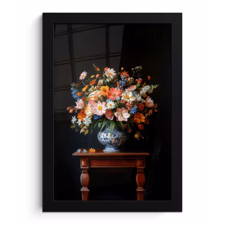 Boeket - Roze - Bloemen - Vaas fotolijst zwart zonder passe partout klein -3d