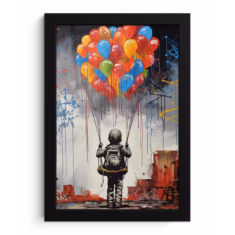 Jongen - Ballonnen - Gebouwen - Kunst fotolijst zwart zonder passe partout klein -3d