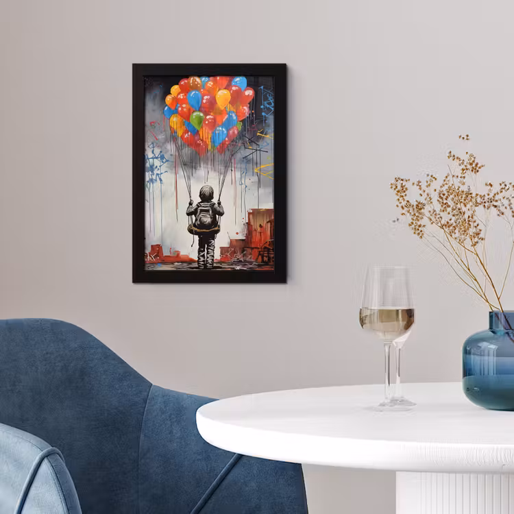 Jongen - Ballonnen - Gebouwen - Kunst fotolijst zwart zonder passe partout klein -sfeer4