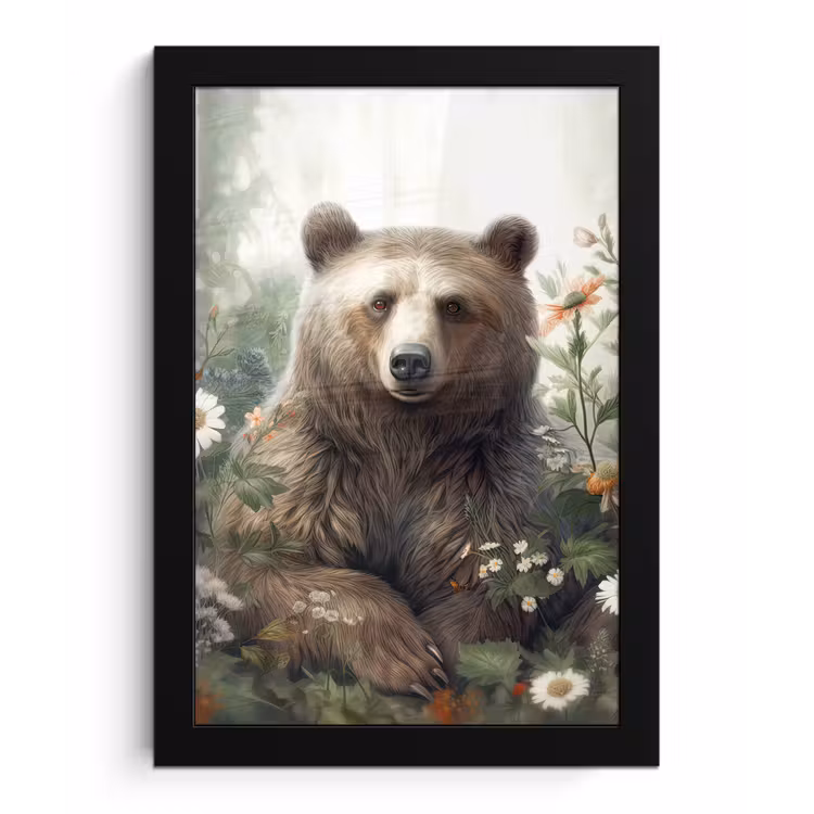 Bruine beer - Wilde dieren - Bloemen - Planten fotolijst zwart zonder passe partout klein -3d