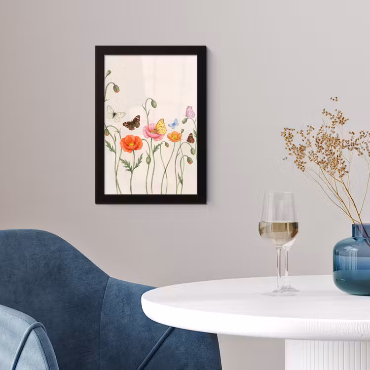 Vlinders - Klaprozen - Illustratie - Kleurrijk fotolijst zwart zonder passe partout klein -sfeer4