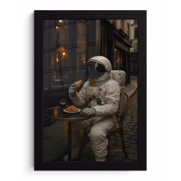 Café - Croissant - Koffie - Astronaut fotolijst zwart zonder passe partout klein -3d