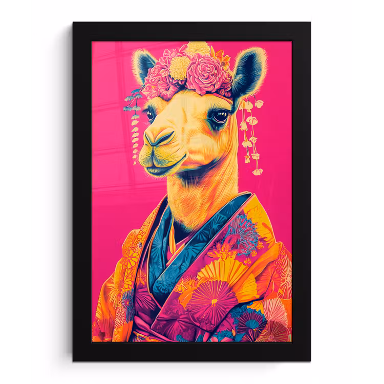 Kameel - Bloemen - Kimono - Waaiers fotolijst zwart zonder passe partout klein -3d