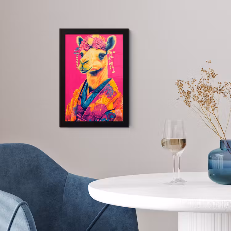Kameel - Bloemen - Kimono - Waaiers fotolijst zwart zonder passe partout klein -sfeer4